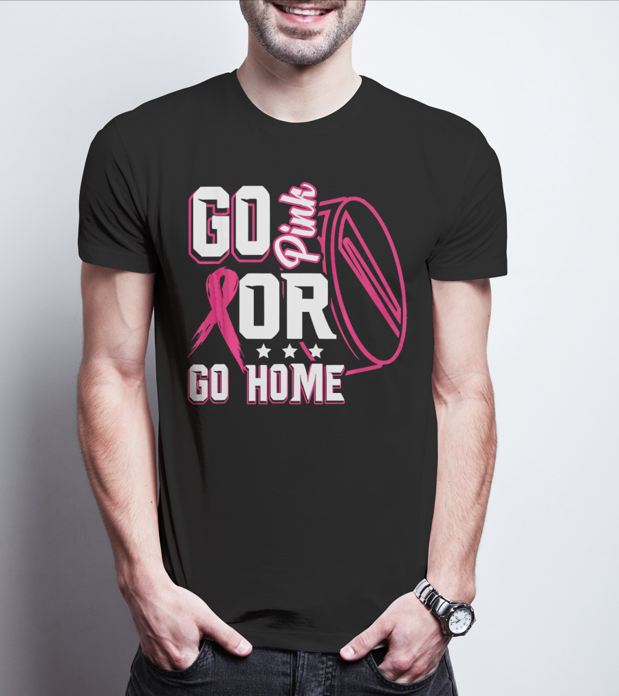 Go Pink Or Go Home Breast Cancer Hockey Awareness With Ribbon And Puck T-Shirt