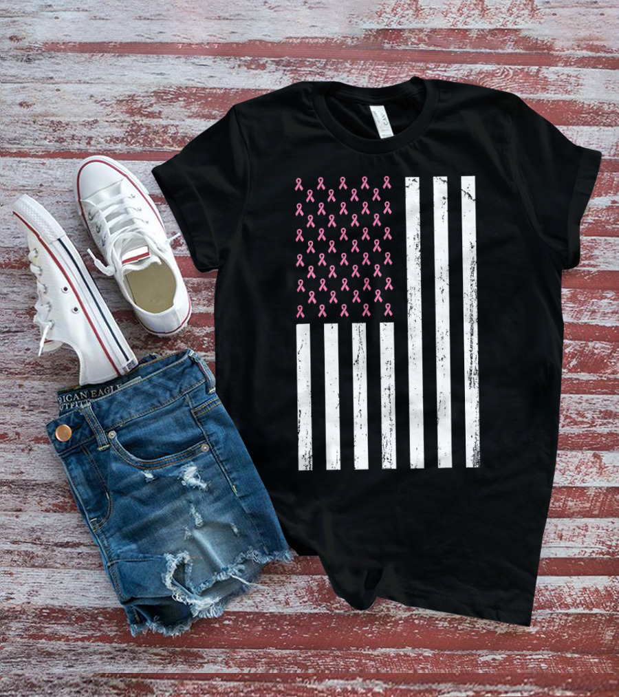 American Flag Pink Ribbons Breast Cancer Awareness T-Shirt