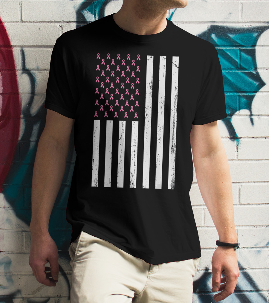 American Flag Pink Ribbons Breast Cancer Awareness T-Shirt