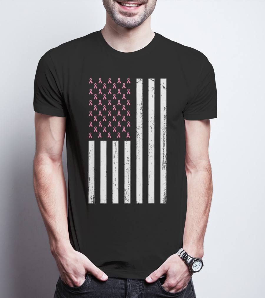 American Flag Pink Ribbons Breast Cancer Awareness T-Shirt