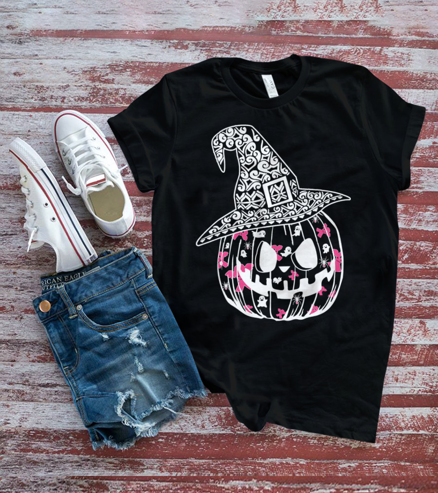 Halloween Carved Pumpkin With Pink Ribbon And Witch Hat For Breast Cancer Awareness T-Shirt