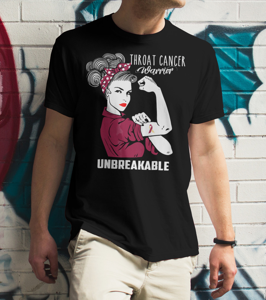 Throat Cancer Warrior Unbreakable Rosie The Riveter Ribbon Empowerment T-Shirt