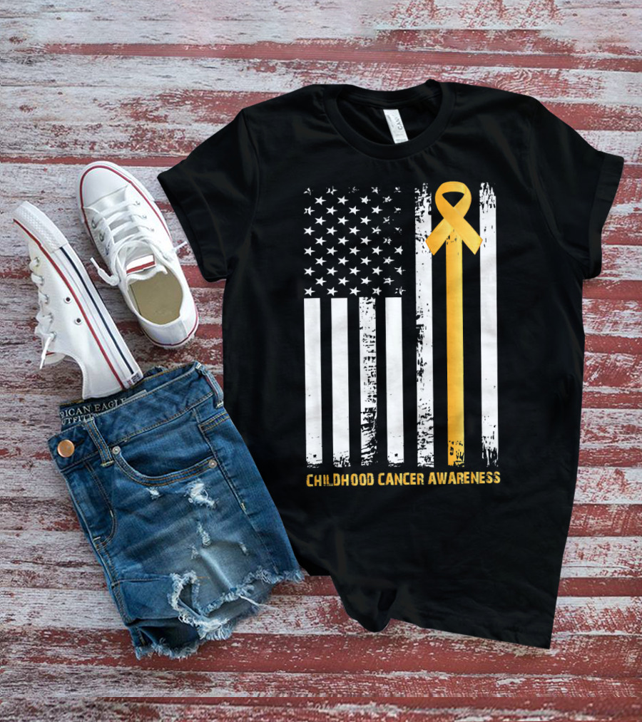 Childhood Cancer Awareness Gold Ribbon American Flag T-Shirt