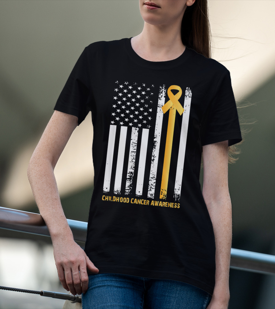 Childhood Cancer Awareness Gold Ribbon American Flag T-Shirt