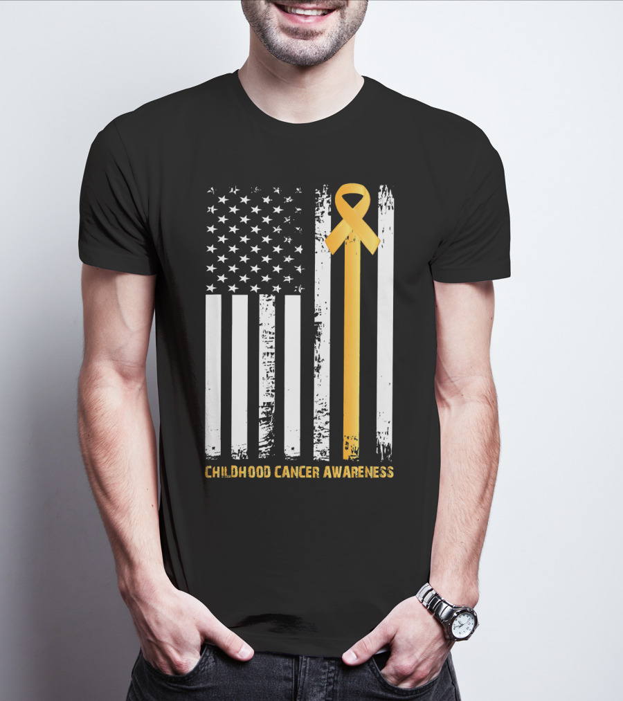 Childhood Cancer Awareness Gold Ribbon American Flag T-Shirt