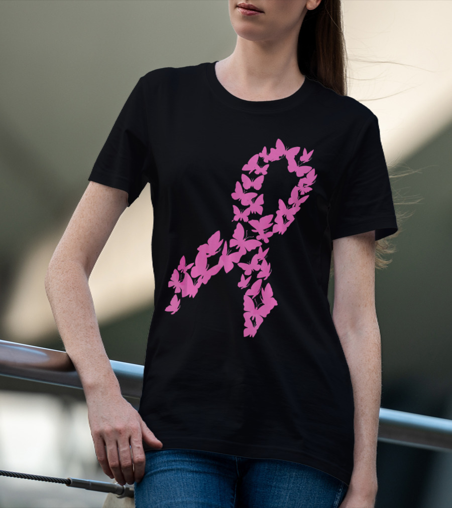 Pink Ribbon Butterfly Awareness Breast Cancer Cute T-Shirt