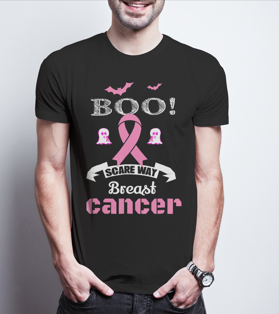 BOO Scare Away Breast Cancer Pink Ribbon Bats Ghosts T-Shirt