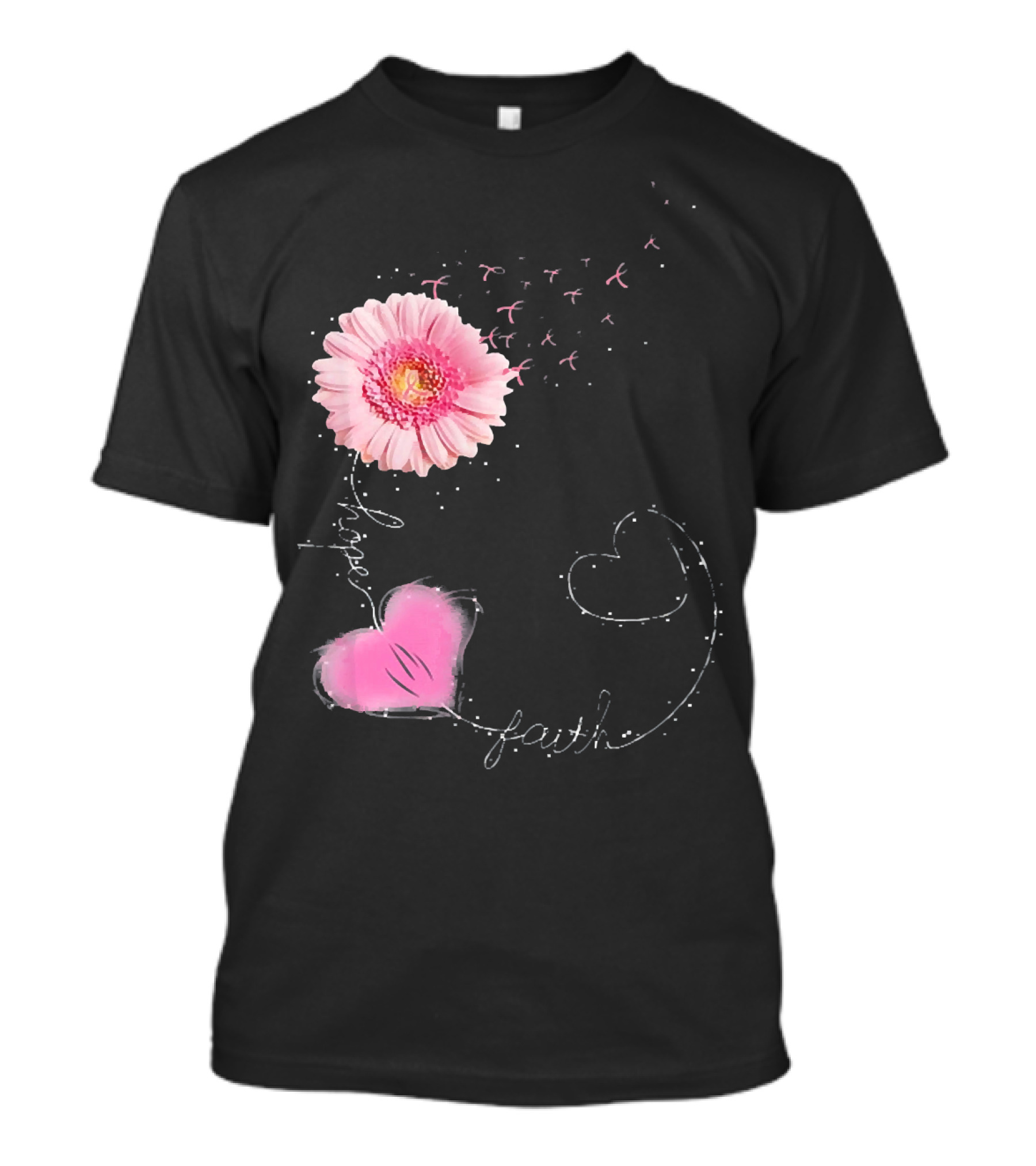 Hope Faith Pink Flower Hearts Breast Cancer Awareness T-Shirt