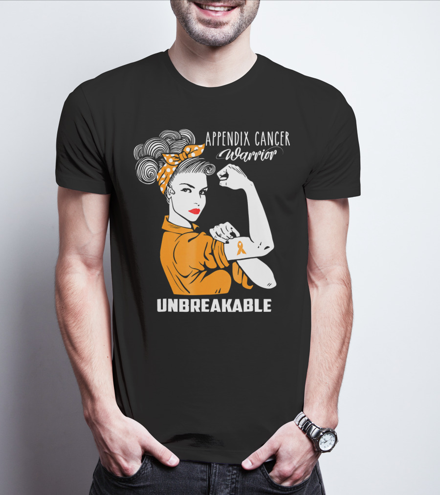 Appendix Cancer Warrior Unbreakable Awareness Ribbon Rosie The Riveter T-Shirt