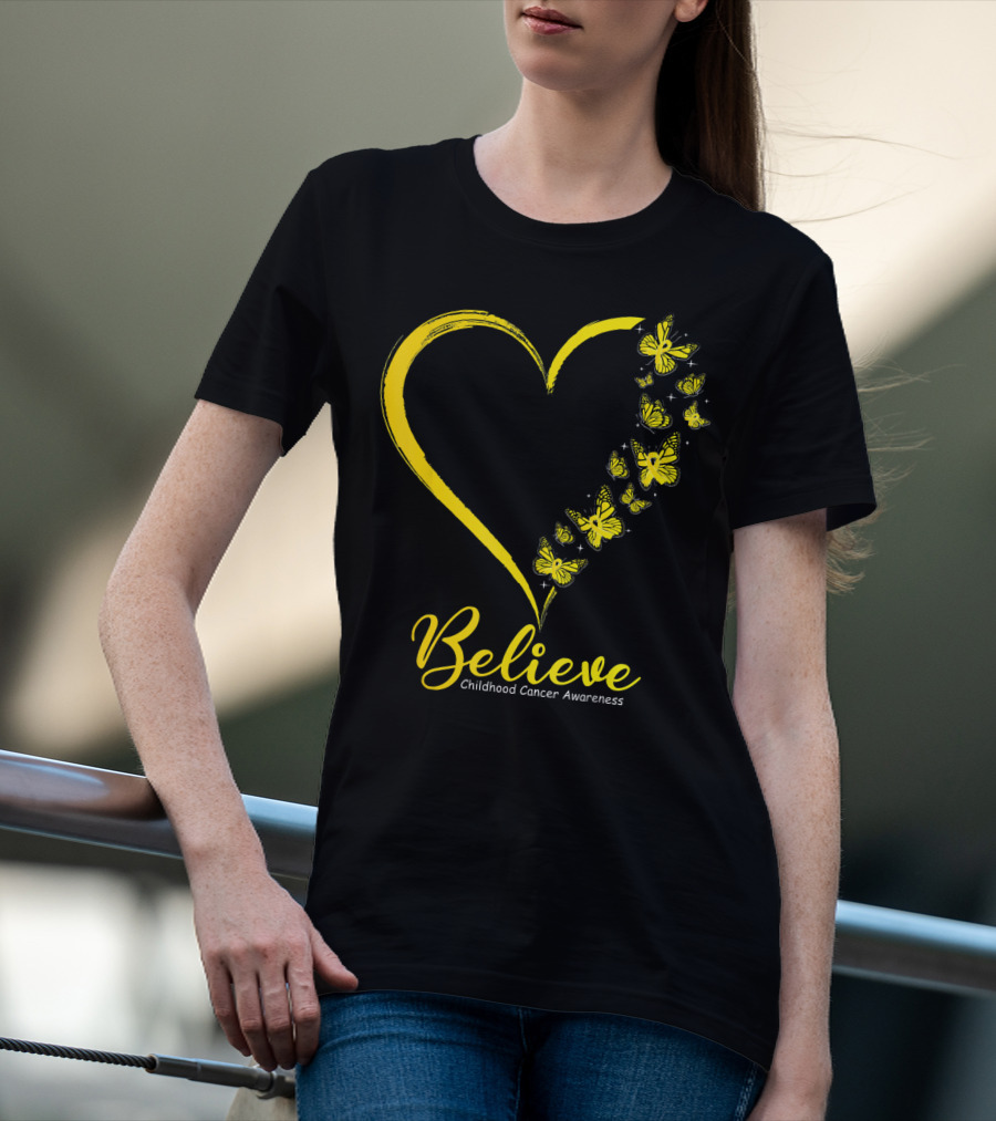 Believe Butterfly Heart Childhood Cancer Awareness T-Shirt