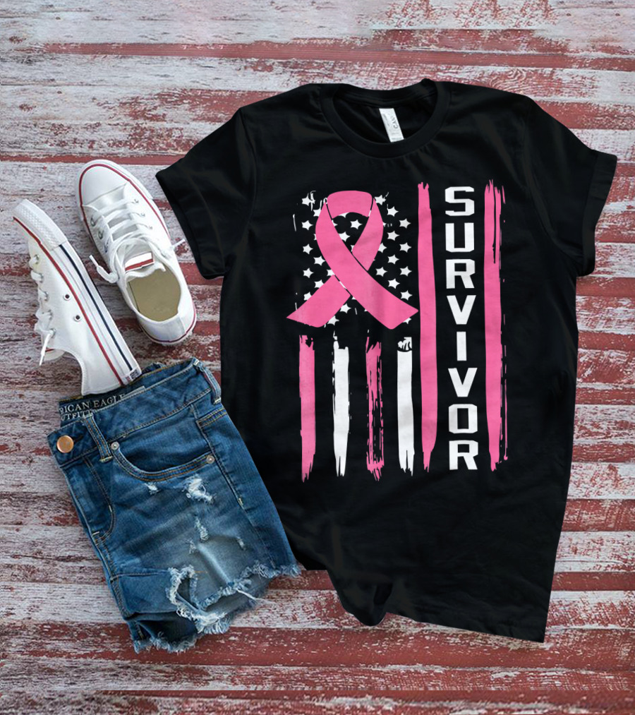 Survivor Breast Cancer Ribbon American Flag T-Shirt