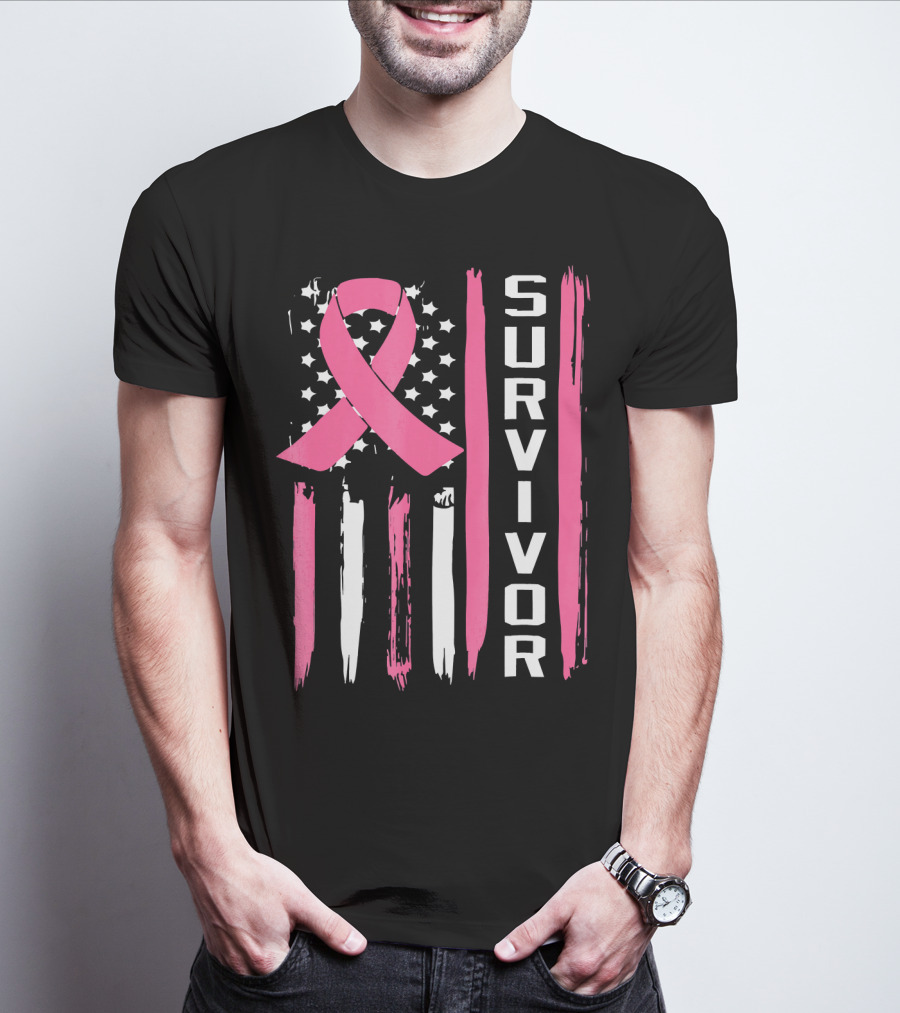 Survivor Breast Cancer Ribbon American Flag T-Shirt