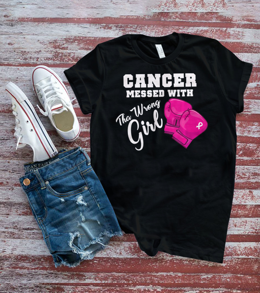 Cancer Messed With The Wrong Girl Boxing Gloves Breast Cancer Awareness T-Shirt
