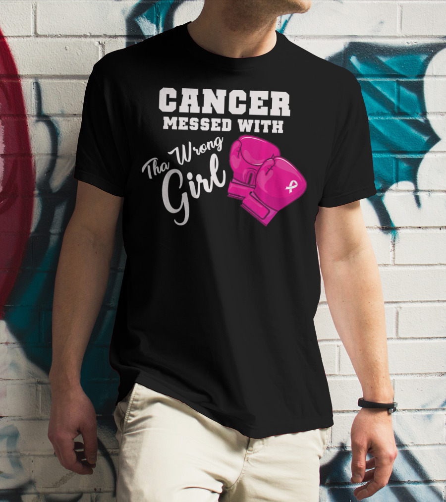 Cancer Messed With The Wrong Girl Boxing Gloves Breast Cancer Awareness T-Shirt