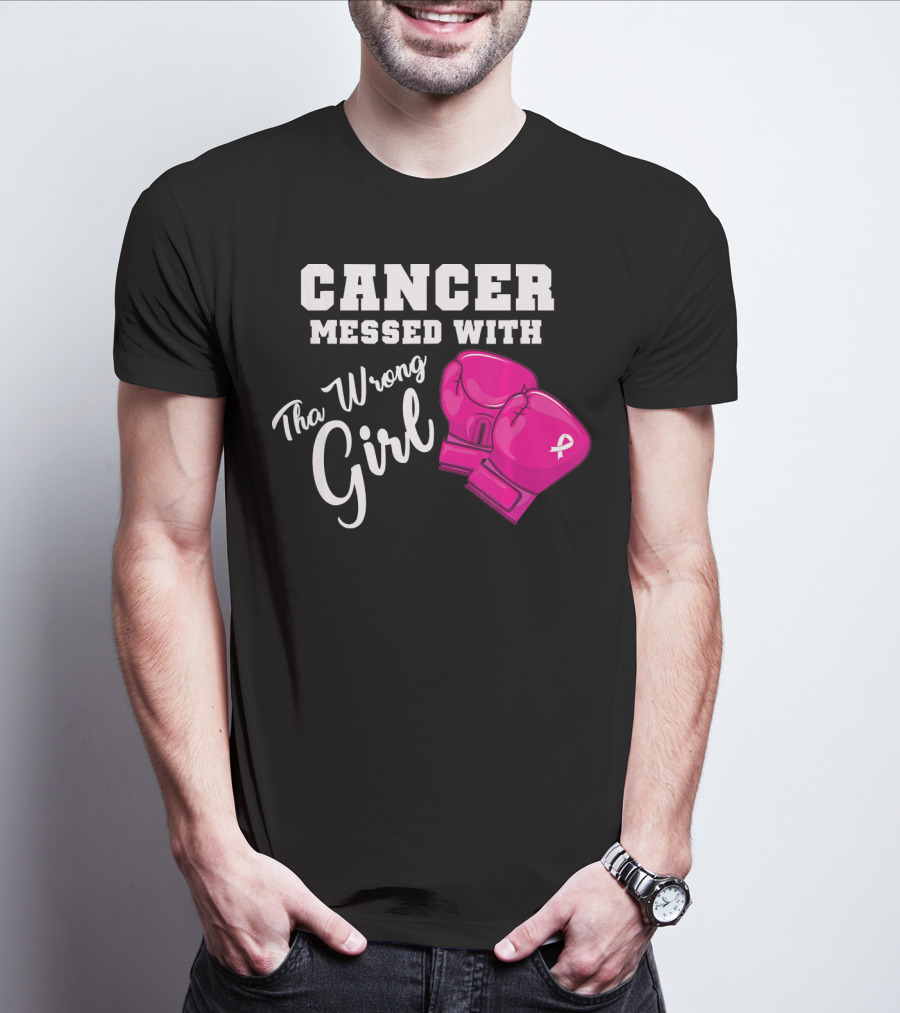 Cancer Messed With The Wrong Girl Boxing Gloves Breast Cancer Awareness T-Shirt