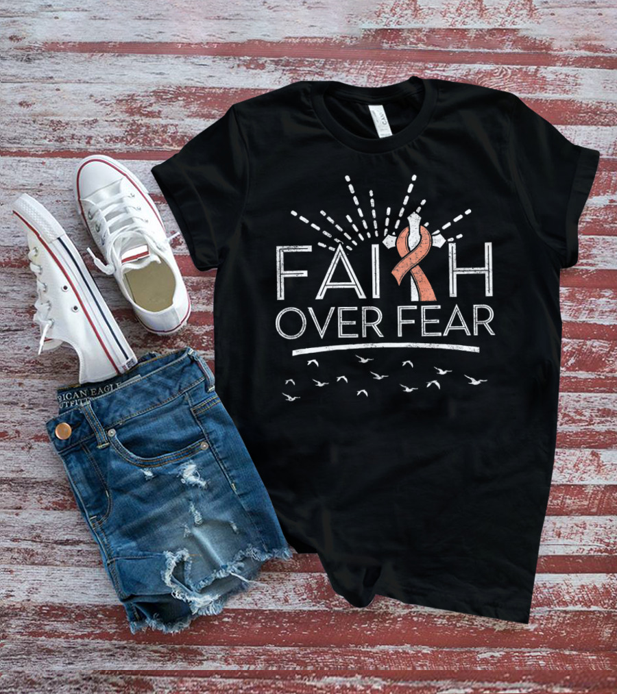 Faith Over Fear Peach Ribbon Uterine Cancer Awareness T-Shirt