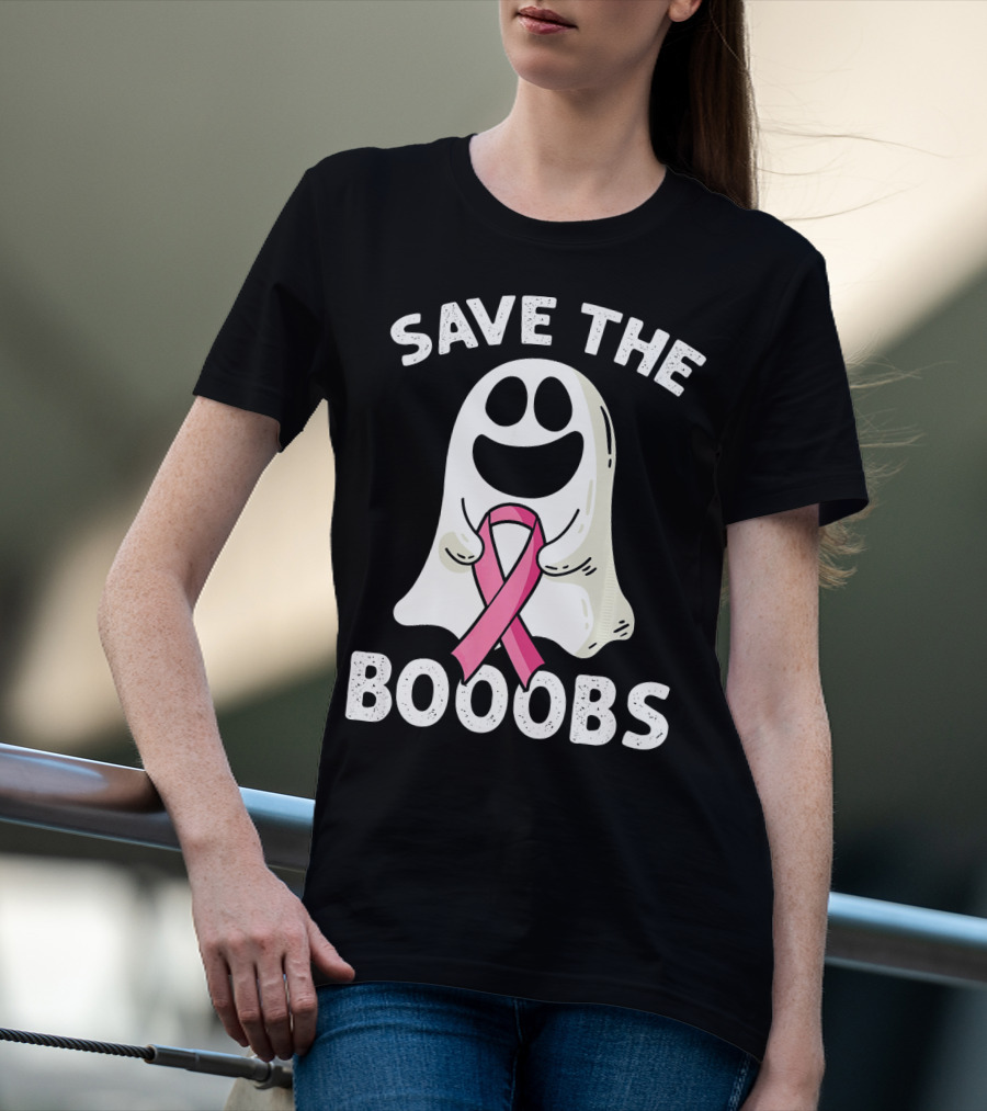Save The Boooobs Funny Ghost Pink Ribbon Breast Cancer Awareness T-Shirt