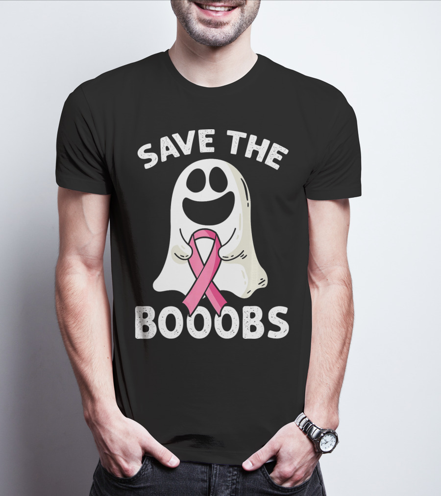 Save The Boooobs Funny Ghost Pink Ribbon Breast Cancer Awareness T-Shirt