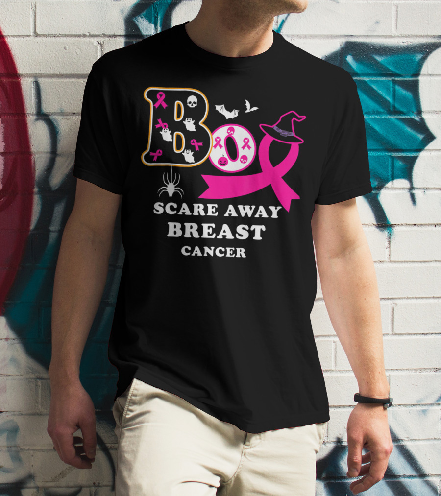 Halloween Boo With Pink Ribbon Scare Away Breast Cancer T-Shirt