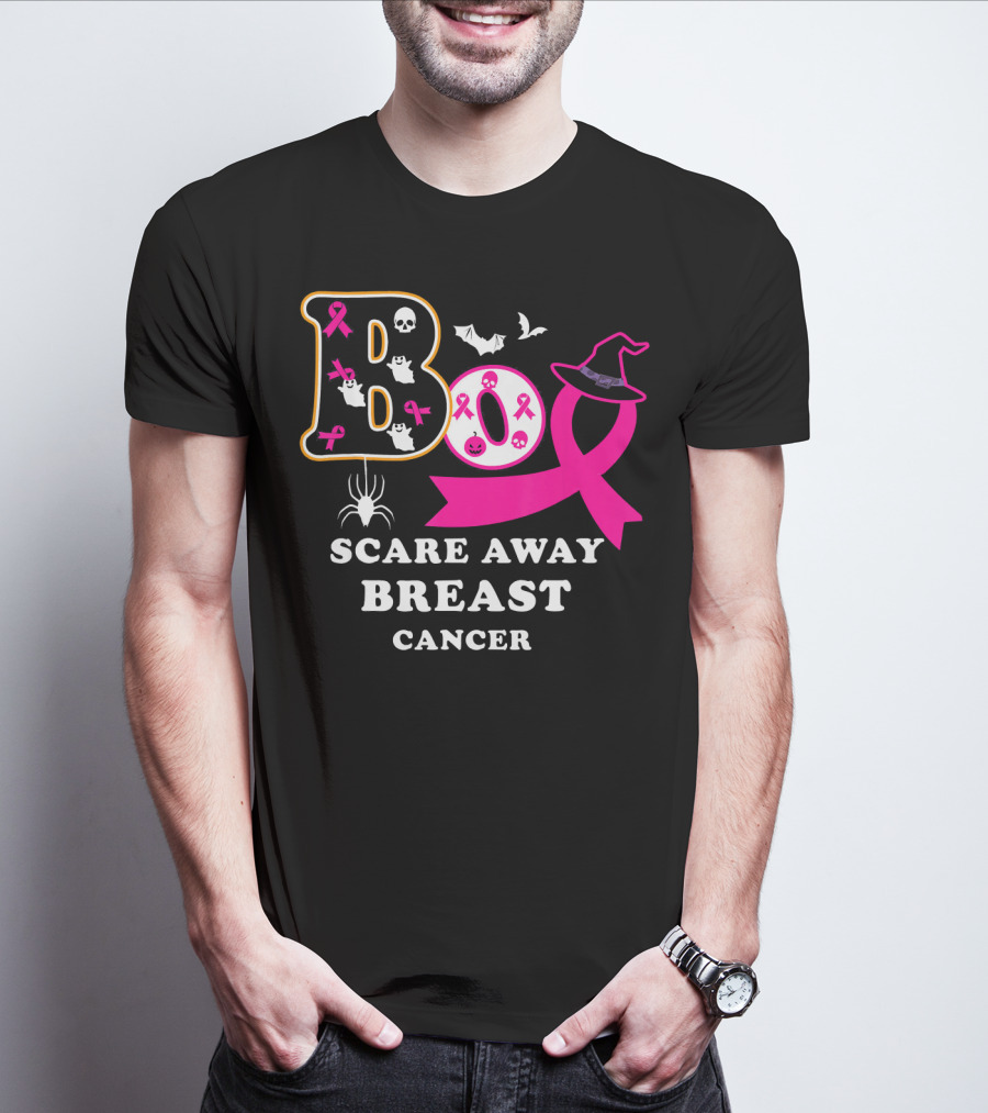 Halloween Boo With Pink Ribbon Scare Away Breast Cancer T-Shirt