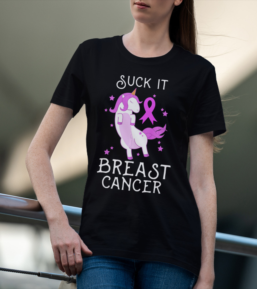 Suck It Breast Cancer Unicorn Awareness Ribbon Stars T-Shirt