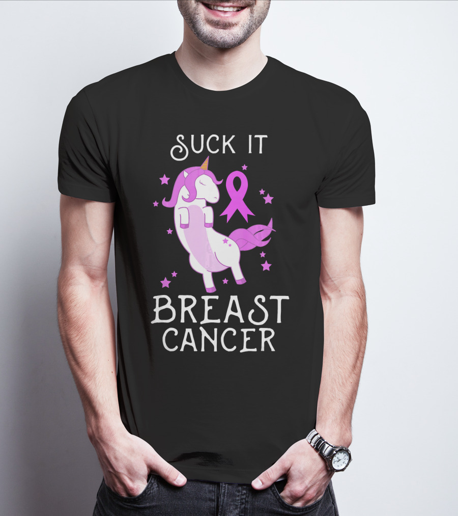 Suck It Breast Cancer Unicorn Awareness Ribbon Stars T-Shirt
