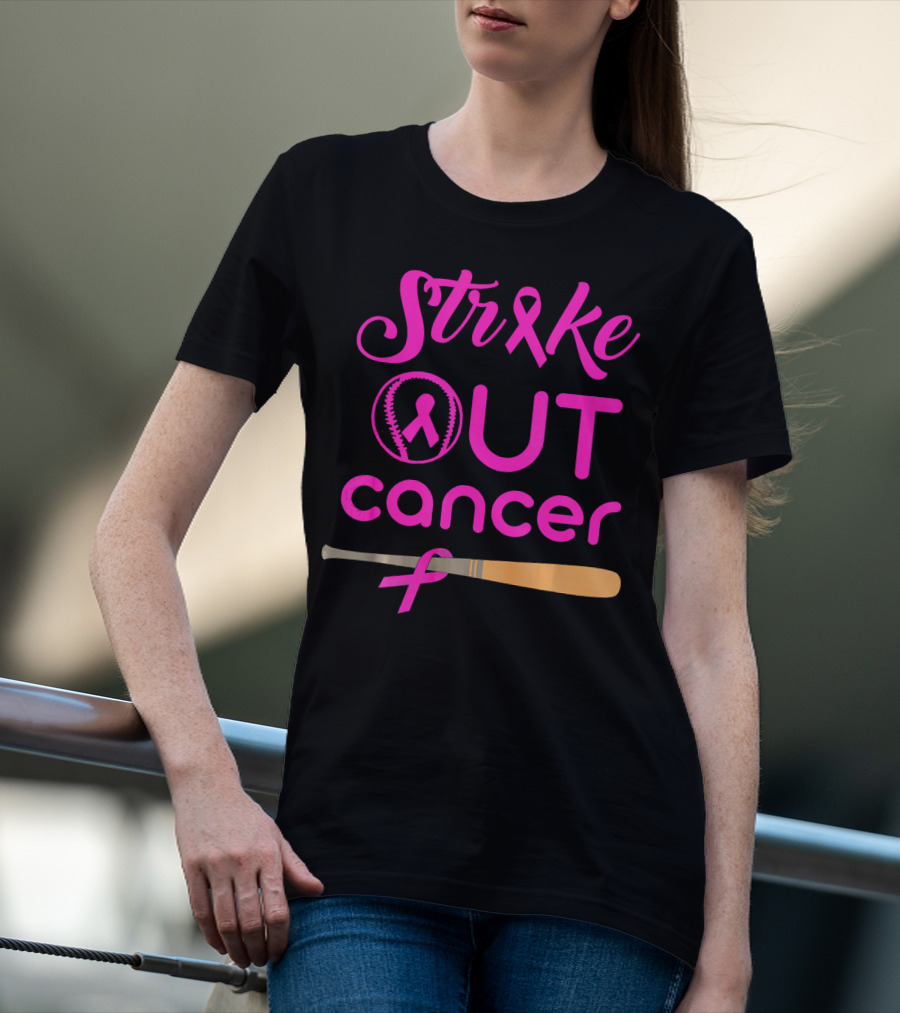 Strike Out Cancer Pink Ribbon Baseball Bat T-Shirt