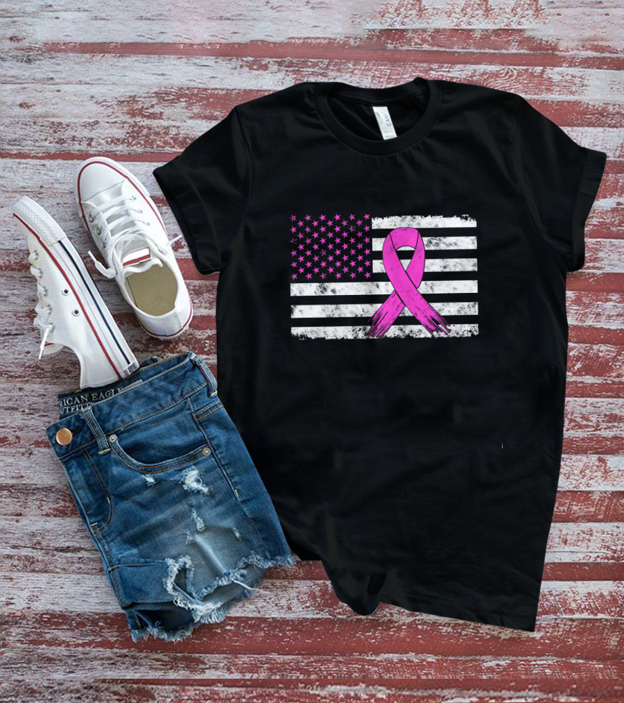 Distressed Pink Ribbon Breast Cancer Awareness American Flag T-Shirt