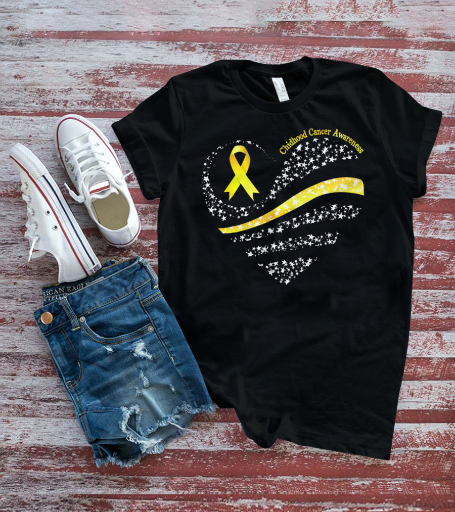 Childhood Cancer Awareness Heart Gold Ribbon American Flag T-Shirt