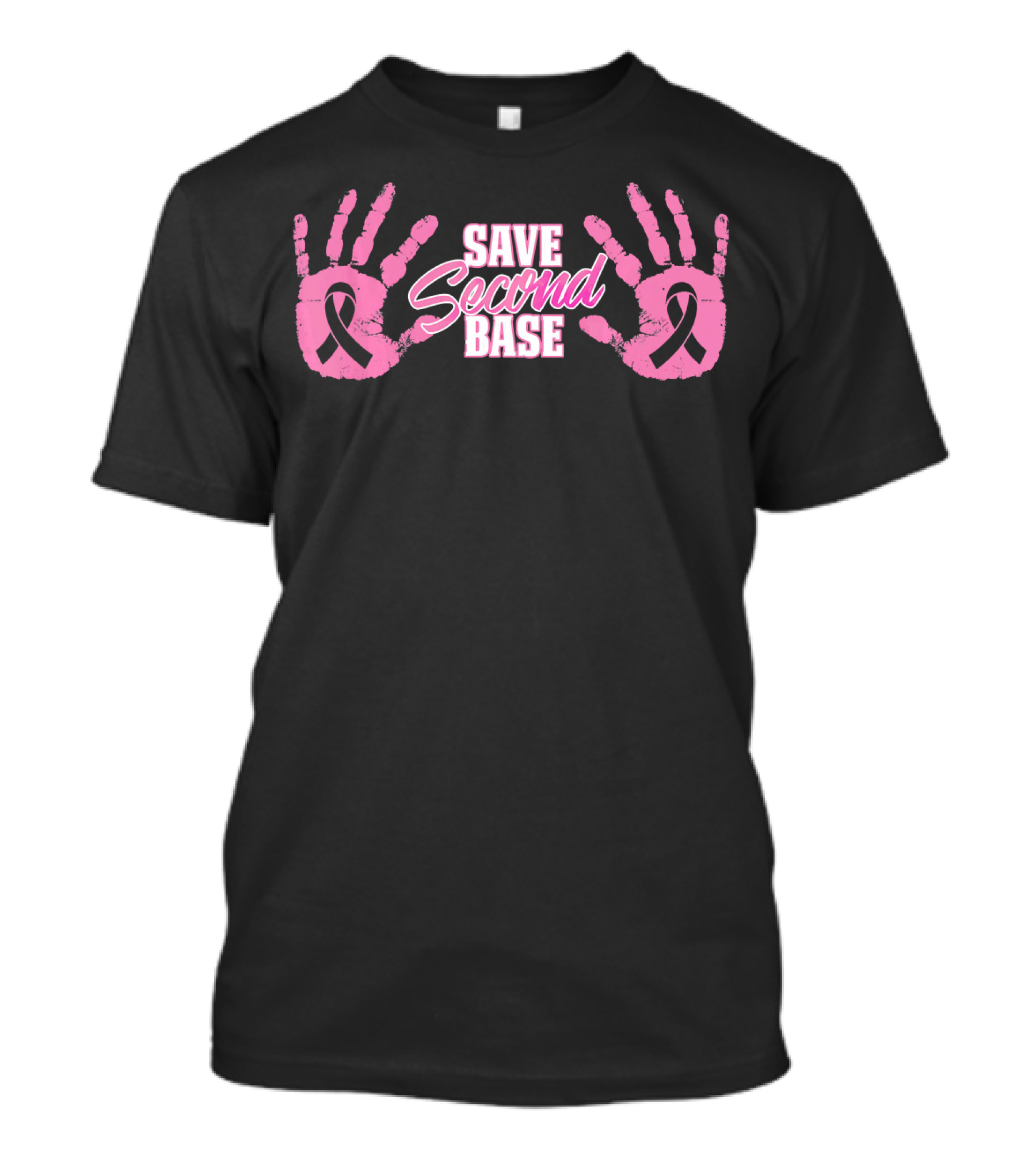 Save Second Base Pink Handprints Breast Cancer Awareness October Warrior T-Shirt