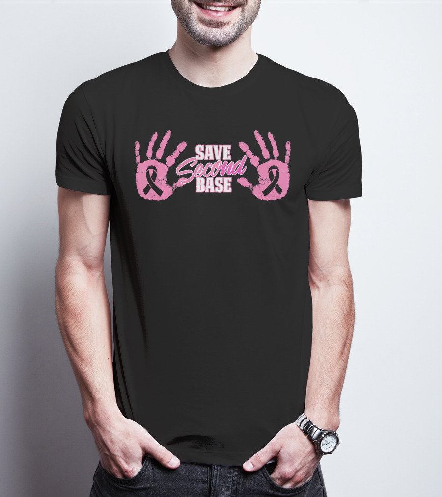 Save Second Base Pink Handprints Breast Cancer Awareness October Warrior T-Shirt