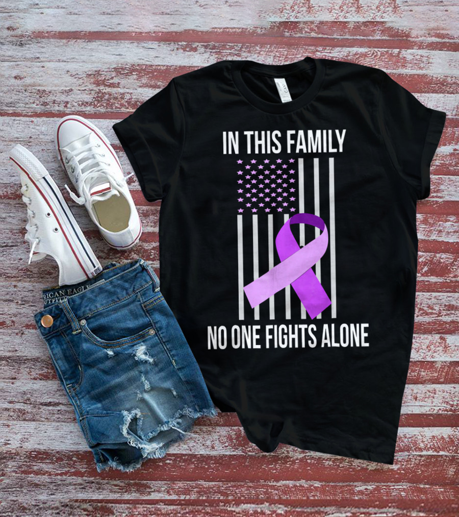 In This Family No One Fights Alone USA Flag Purple Ribbon Pancreatic Cancer T-Shirt