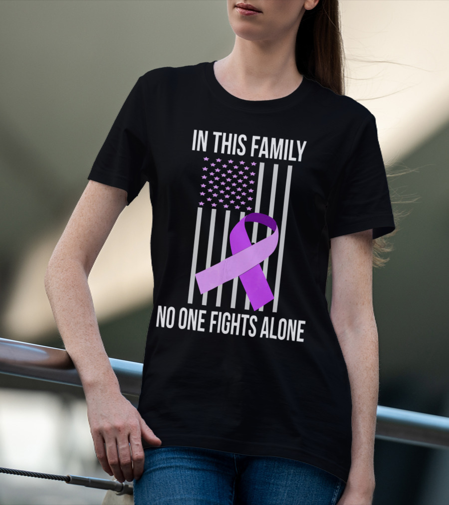 In This Family No One Fights Alone USA Flag Purple Ribbon Pancreatic Cancer T-Shirt