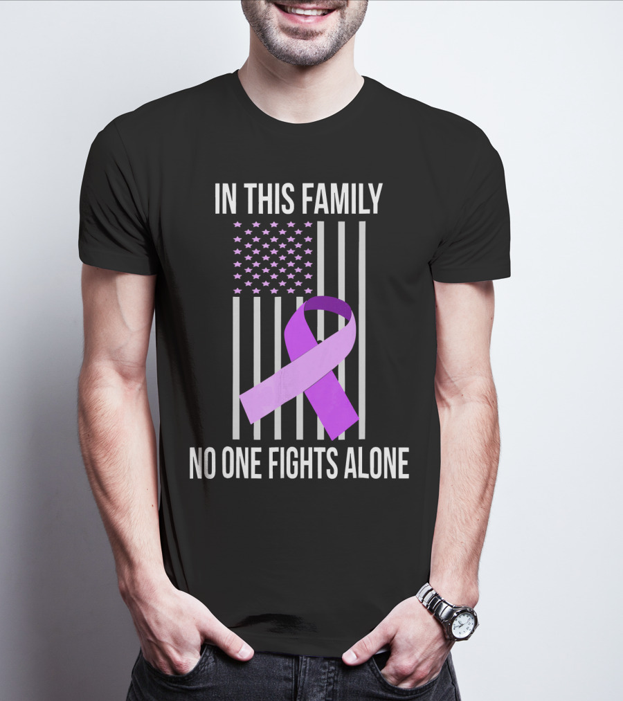 In This Family No One Fights Alone USA Flag Purple Ribbon Pancreatic Cancer T-Shirt