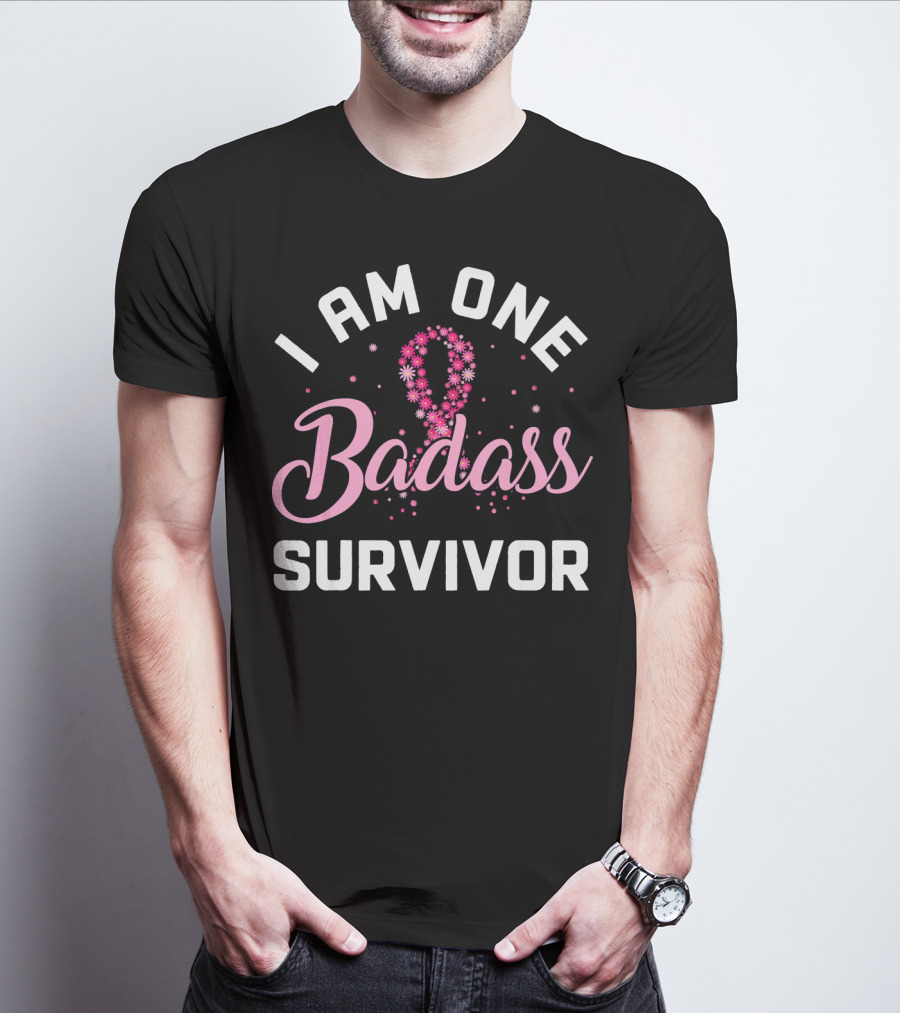 I Am One Badass Survivor Breast Cancer Ribbon Floral T-Shirt