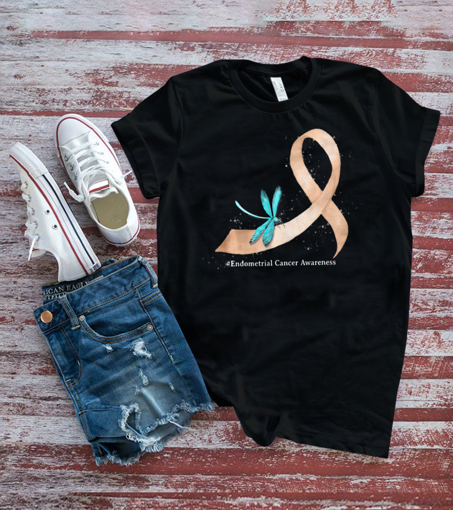 Hippie Dragonfly Peach Ribbon #Endometrial Cancer Awareness T-Shirt