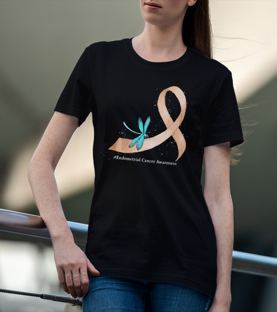 Hippie Dragonfly Peach Ribbon #Endometrial Cancer Awareness T-Shirt