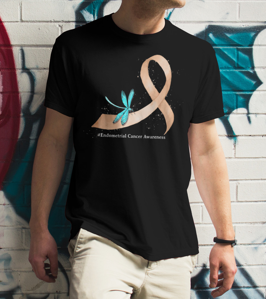 Hippie Dragonfly Peach Ribbon #Endometrial Cancer Awareness T-Shirt