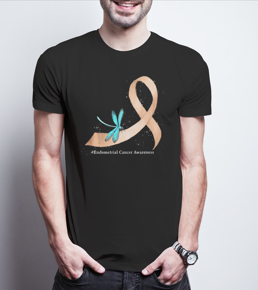 Hippie Dragonfly Peach Ribbon #Endometrial Cancer Awareness T-Shirt