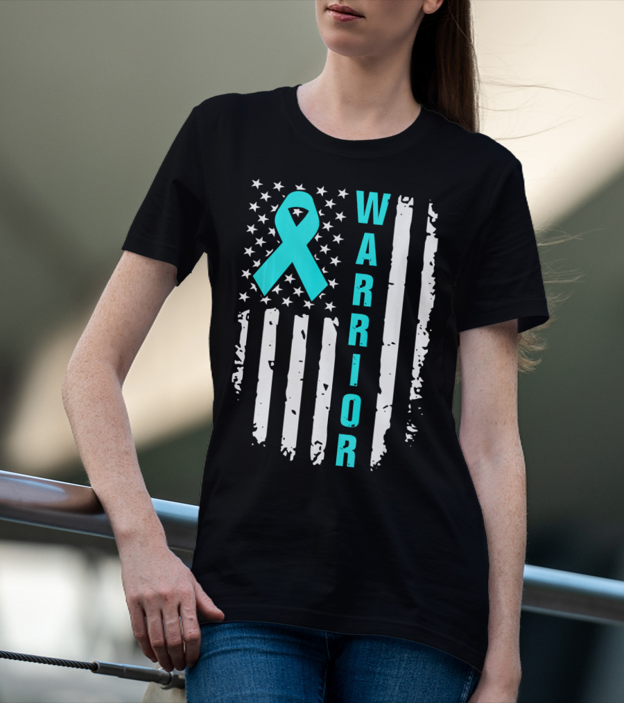 Warrior Teal Ribbon American Flag Ovarian Cancer T-Shirt