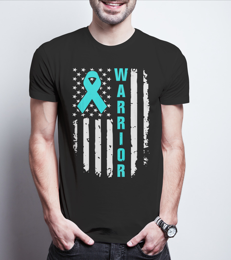 Warrior Teal Ribbon American Flag Ovarian Cancer T-Shirt