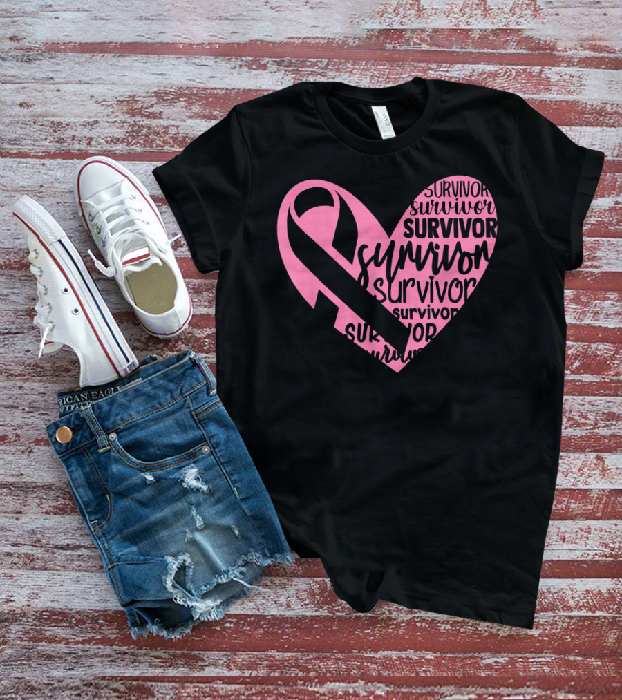 Survivor Pink Ribbon Heart Breast Cancer Pin T-Shirt