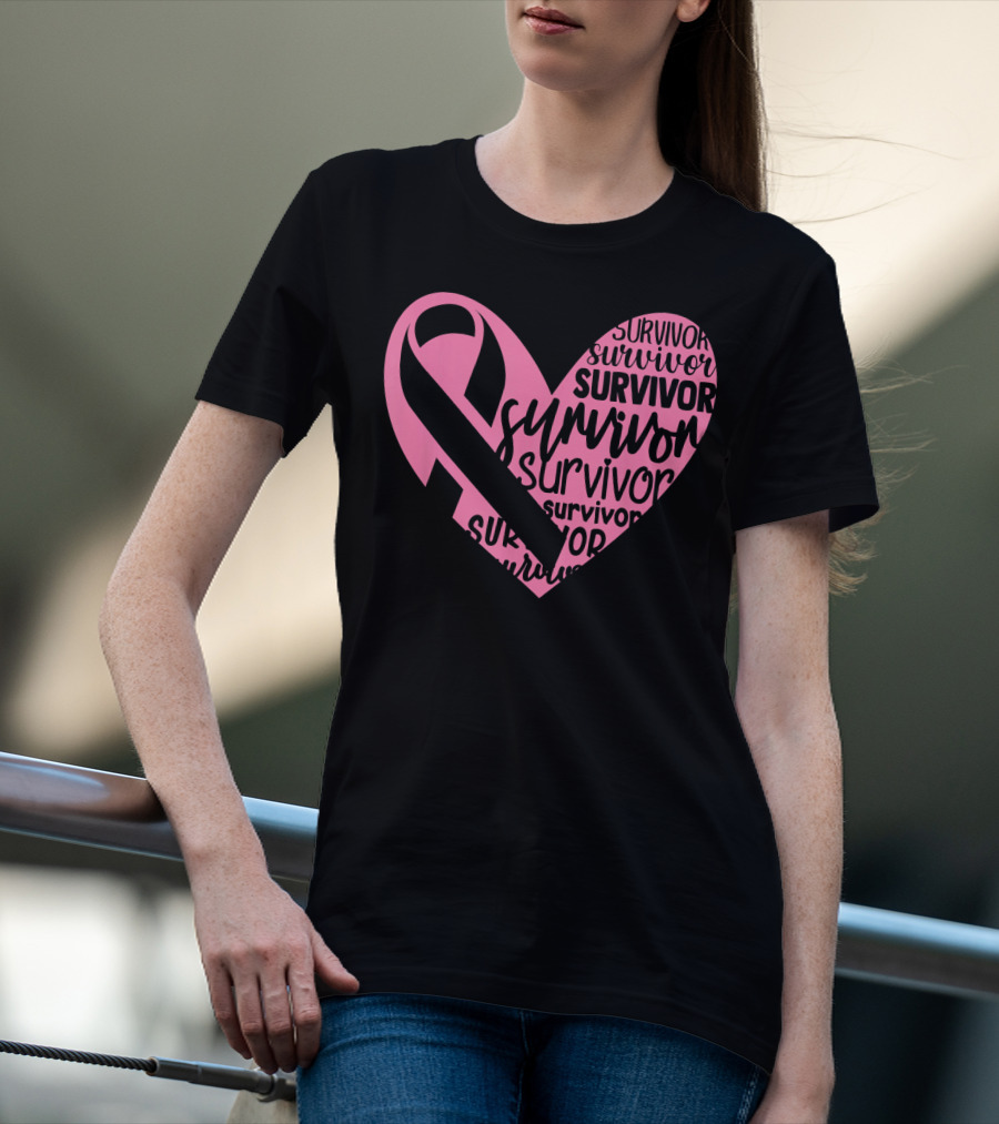Survivor Pink Ribbon Heart Breast Cancer Pin T-Shirt