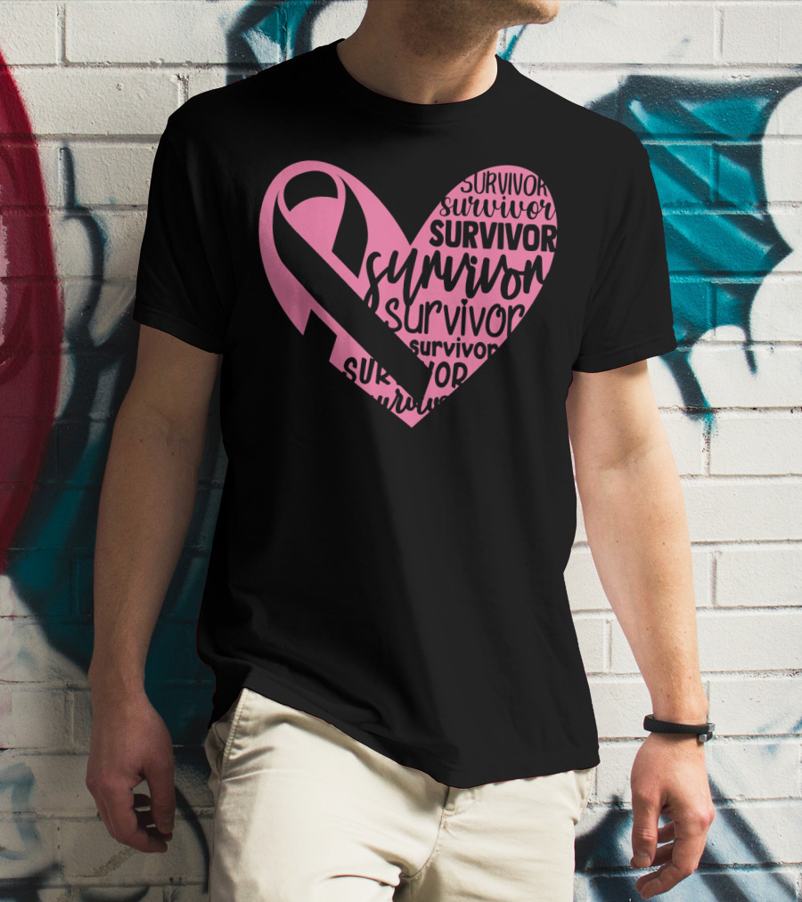 Survivor Pink Ribbon Heart Breast Cancer Pin T-Shirt
