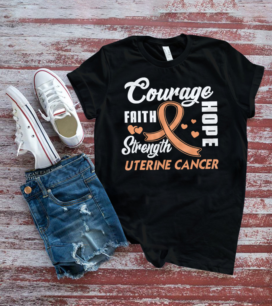 Courage Faith Strength Hope Uterine Cancer Fight Wear Peach T-Shirt