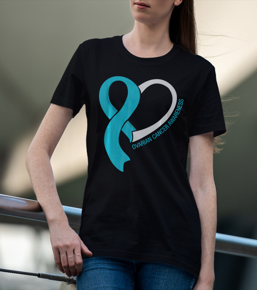 Ovarian Cancer Teal Heart Ribbon Awareness T-Shirt