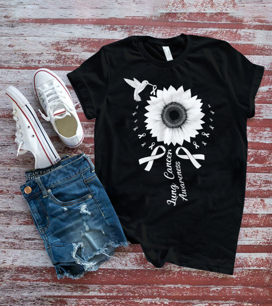 Lung Cancer Awareness Hummingbird Sunflower White T-Shirt