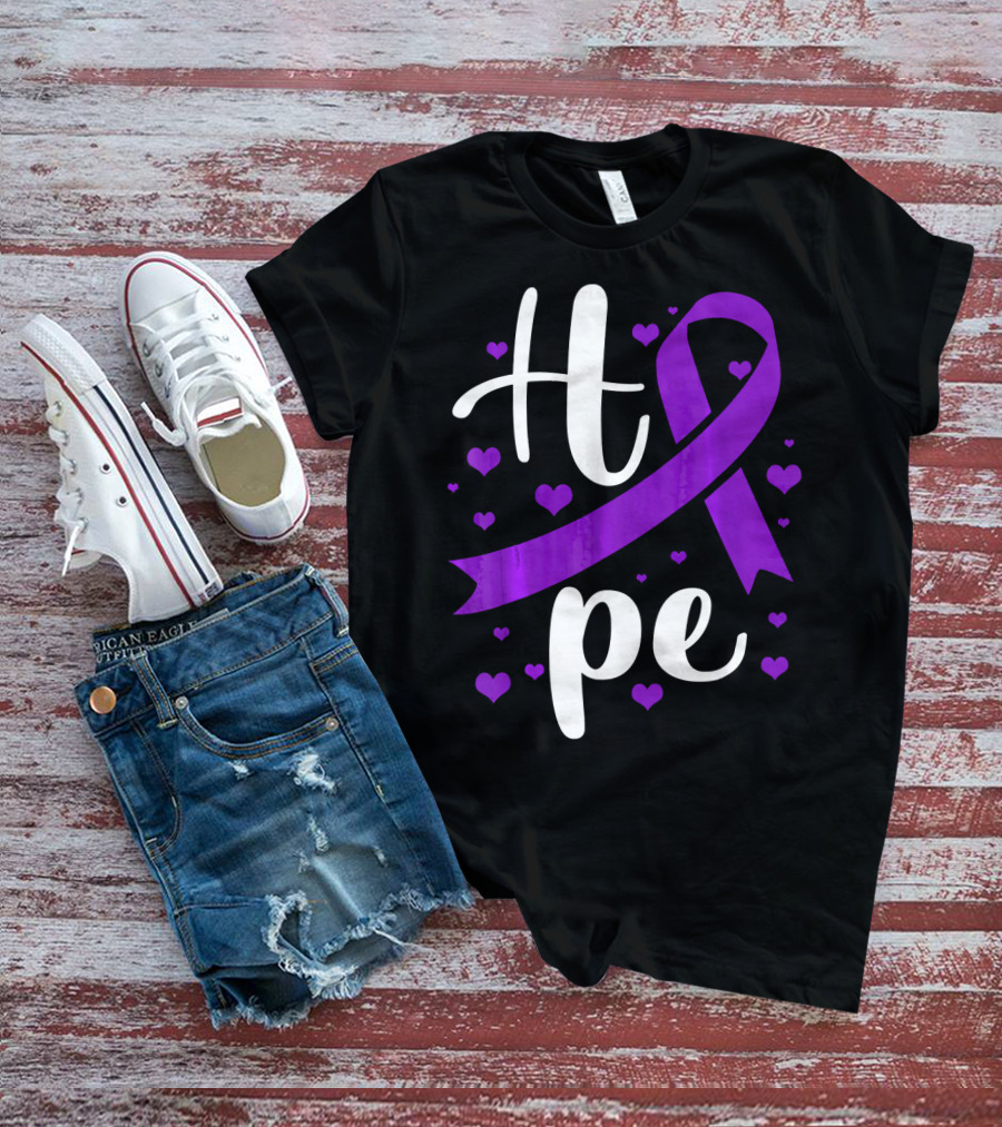 Hope Pancreatic Cancer Awareness Women Purple Ribbon Hearts T-Shirt