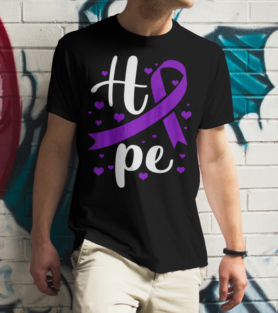 Hope Pancreatic Cancer Awareness Women Purple Ribbon Hearts T-Shirt
