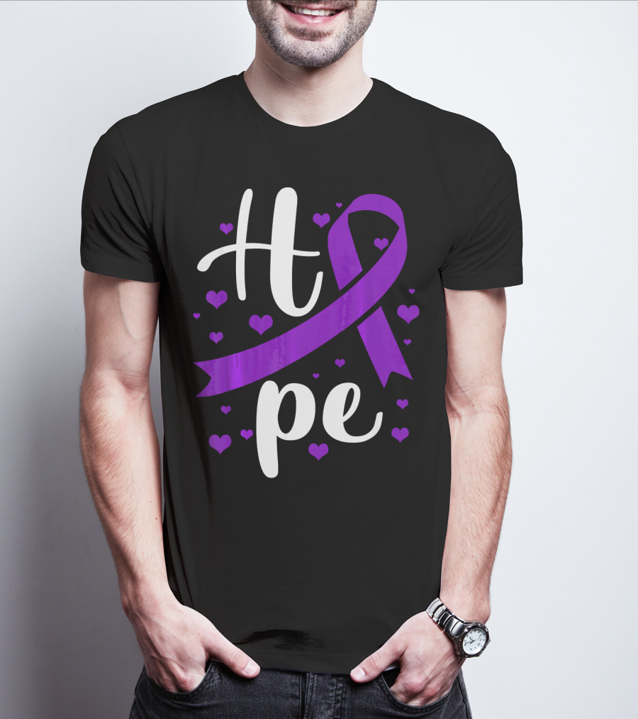 Hope Pancreatic Cancer Awareness Women Purple Ribbon Hearts T-Shirt